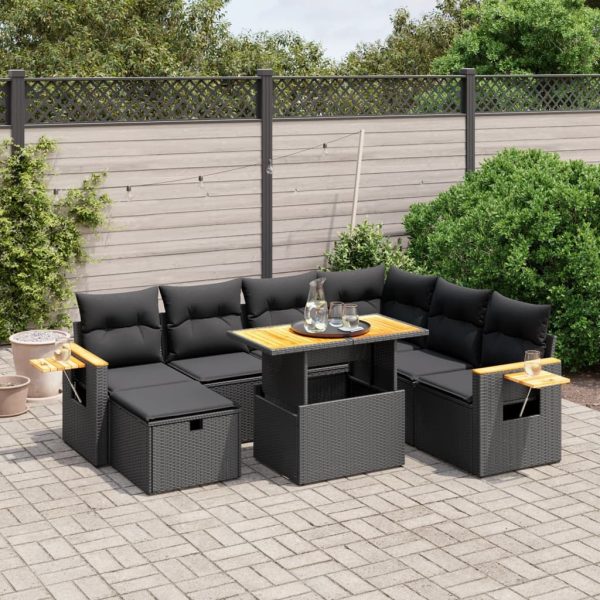 8-delige Loungeset met kussens poly rattan zwart