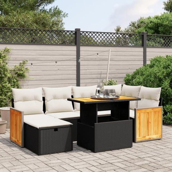 7-delige Loungeset met kussens poly rattan zwart
