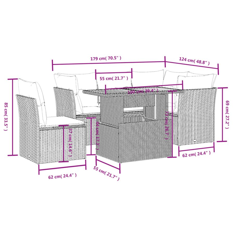 5-delige Loungeset met kussens poly rattan zwart - Afbeelding 3