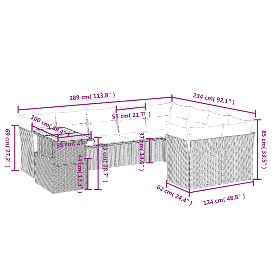 10-delige Loungeset met kussens poly rattan zwart - Afbeelding 3