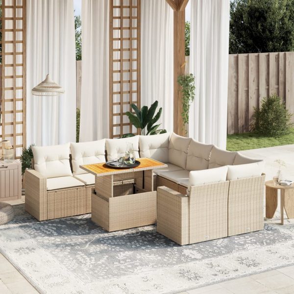 9-delige Loungeset met kussens poly rattan beige