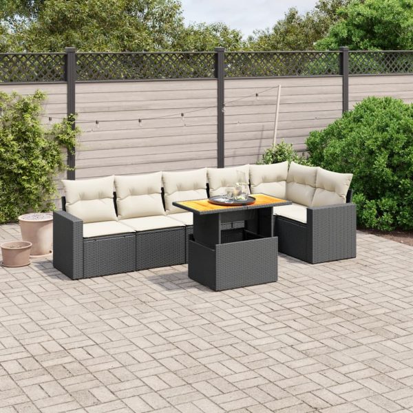 7-delige Loungeset met kussens poly rattan zwart