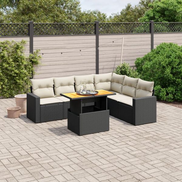 7-delige Loungeset met kussens poly rattan zwart