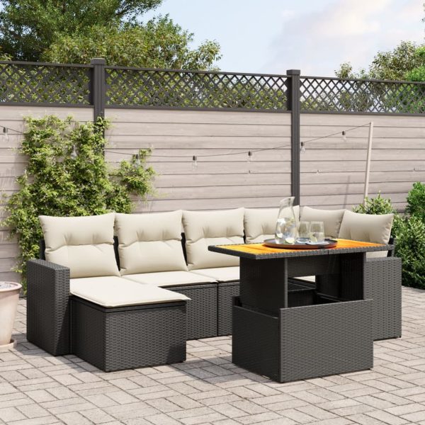 7-delige Loungeset met kussens poly rattan zwart