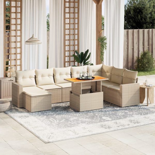 9-delige Loungeset met kussens poly rattan beige