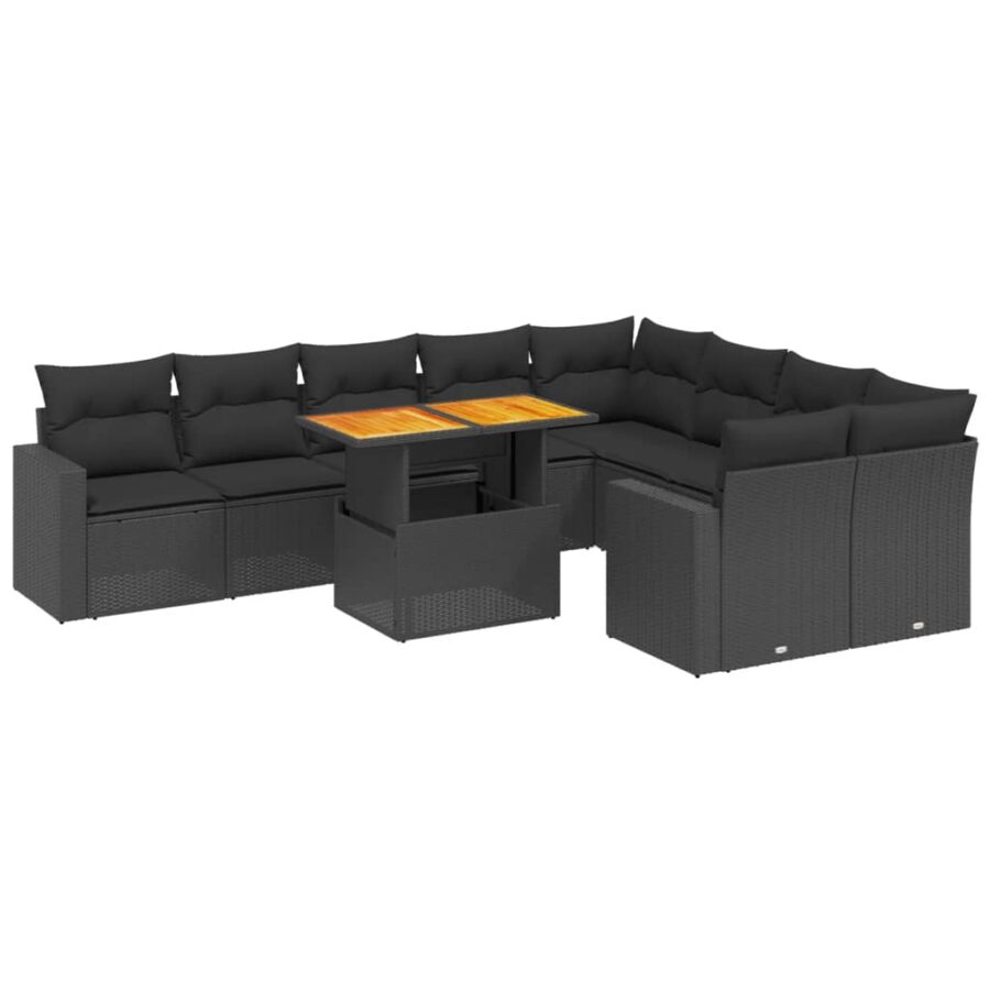 10-delige Loungeset met kussens poly rattan zwart - Afbeelding 2
