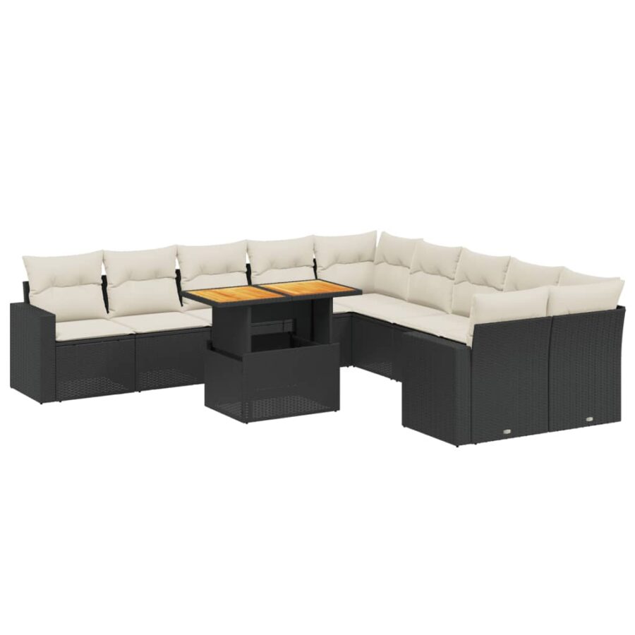 11-delige Loungeset met kussens poly rattan zwart - Afbeelding 2