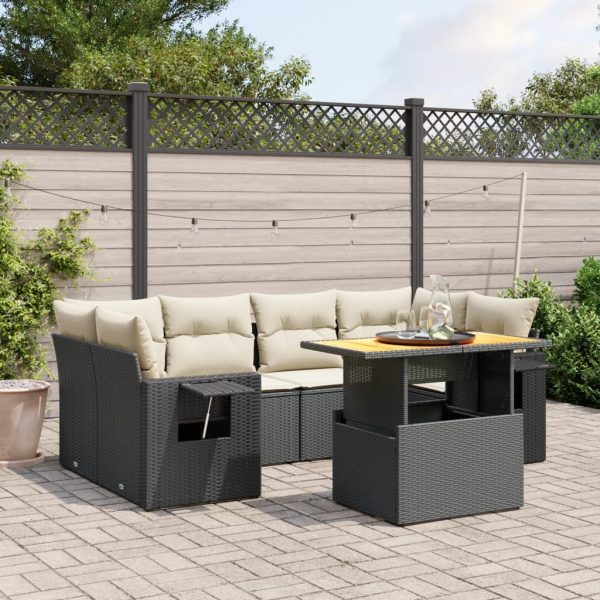 7-delige Loungeset met kussens poly rattan zwart