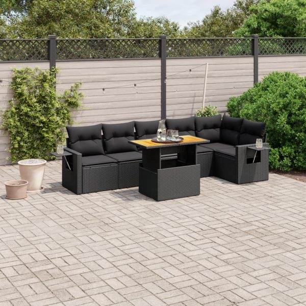7-delige Loungeset met kussens poly rattan zwart