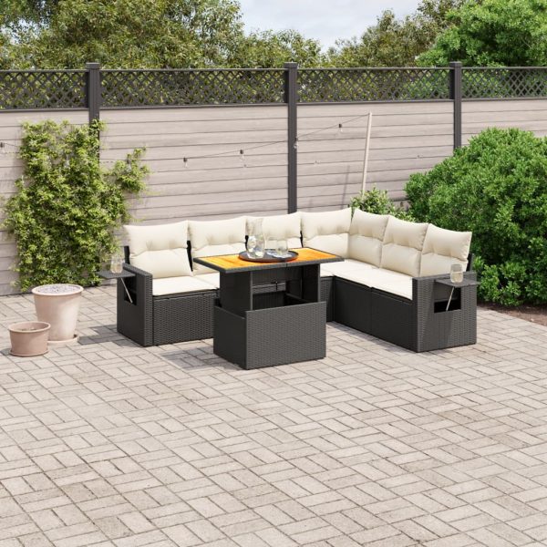 7-delige Loungeset met kussens poly rattan zwart