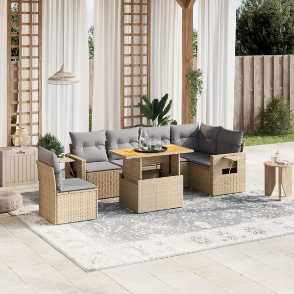 7-delige Loungeset met kussens poly rattan beige