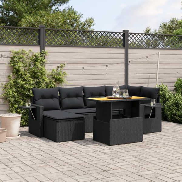 7-delige Loungeset met kussens poly rattan zwart