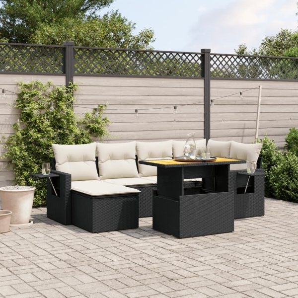 7-delige Loungeset met kussens poly rattan zwart