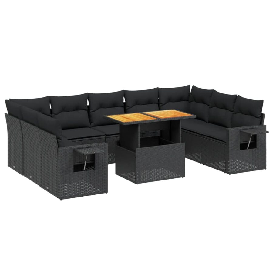 10-delige Loungeset met kussens poly rattan zwart - Afbeelding 2