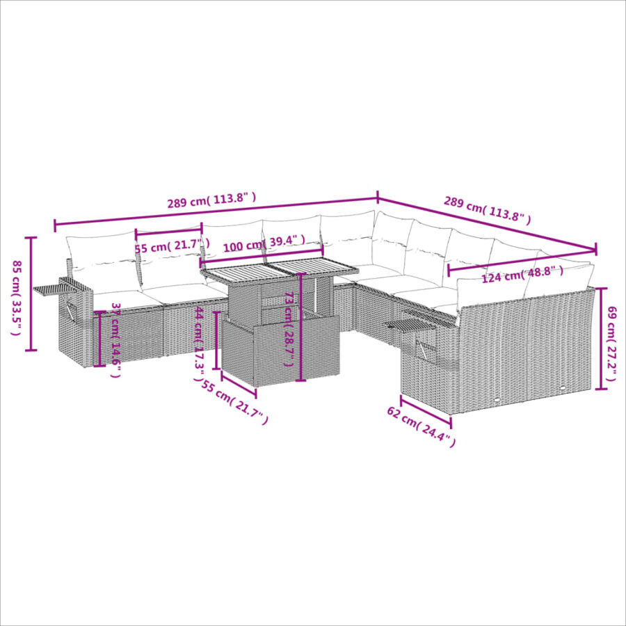 11-delige Loungeset met kussens poly rattan zwart - Afbeelding 3