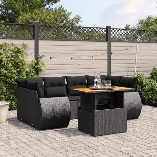 7-delige Loungeset met kussens poly rattan zwart