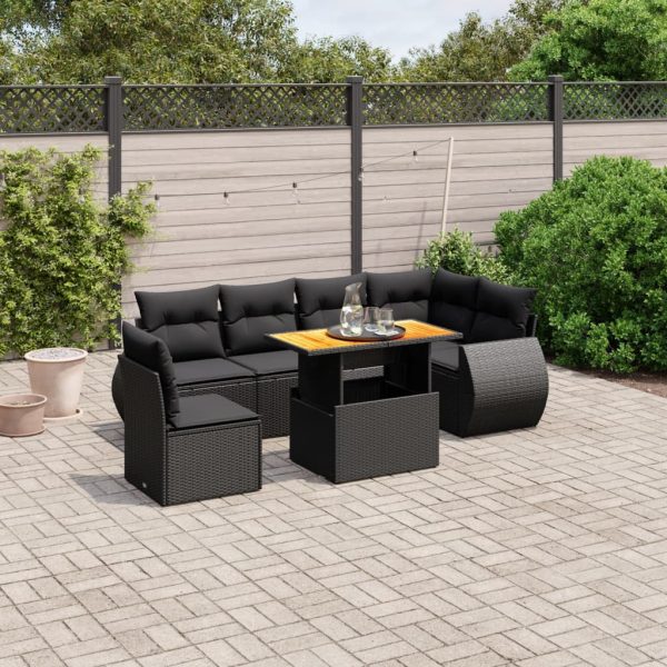 7-delige Loungeset met kussens poly rattan zwart