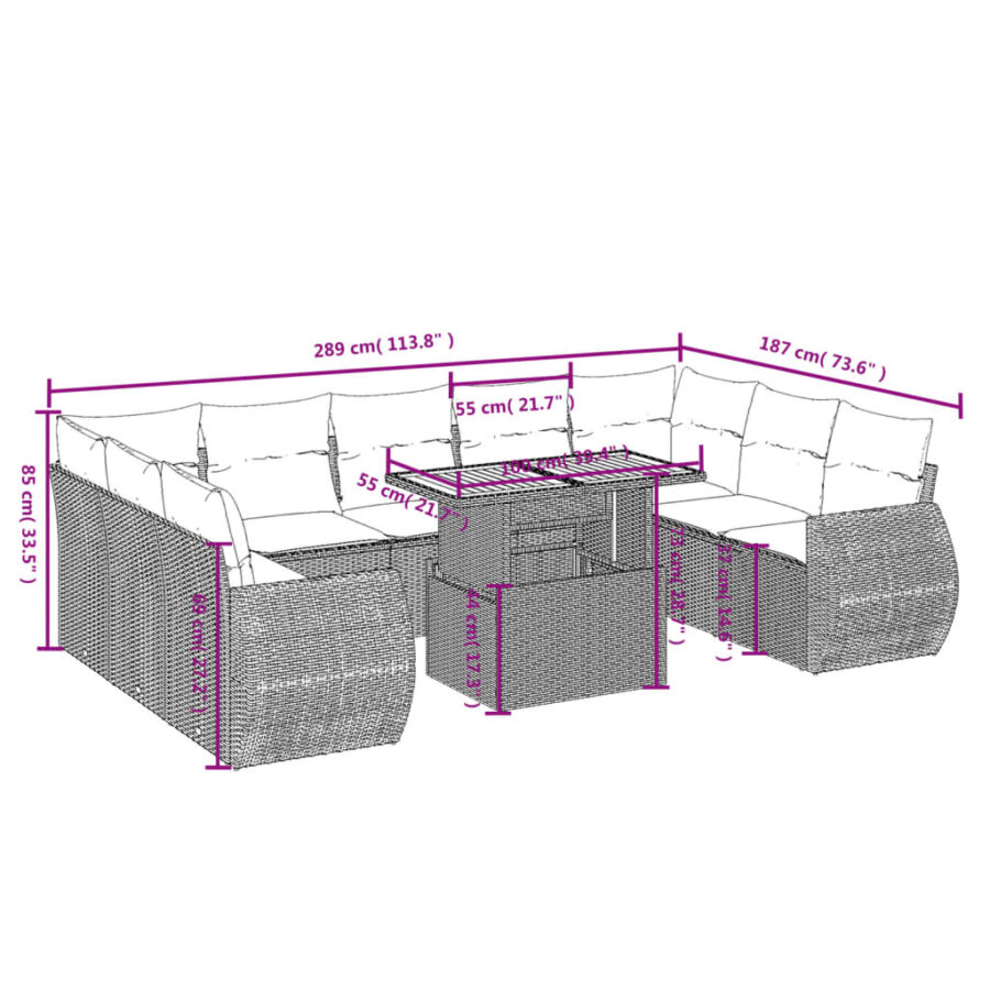 10-delige Loungeset met kussens poly rattan beige - Afbeelding 3