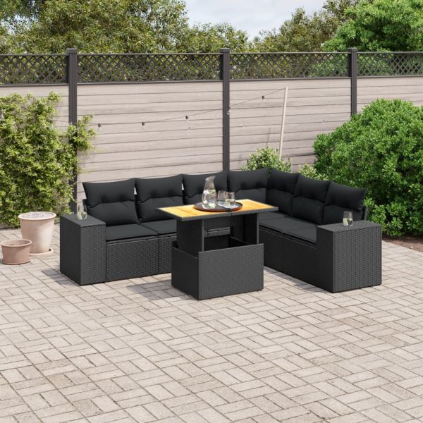 7-delige Loungeset met kussens poly rattan zwart