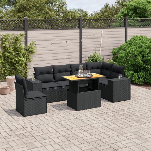 7-delige Loungeset met kussens poly rattan zwart