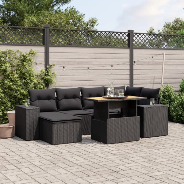 7-delige Loungeset met kussens poly rattan zwart