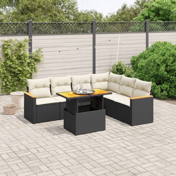 7-delige Loungeset met kussens poly rattan zwart