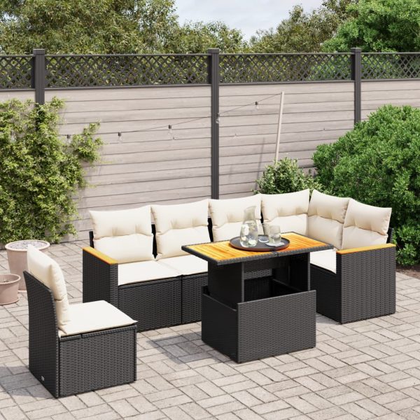 7-delige Loungeset met kussens poly rattan zwart
