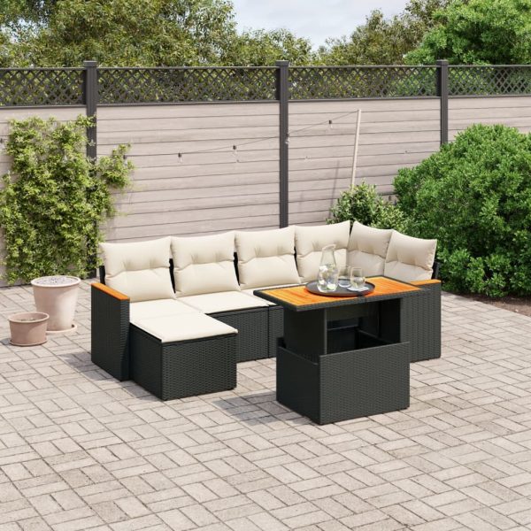 7-delige Loungeset met kussens poly rattan zwart