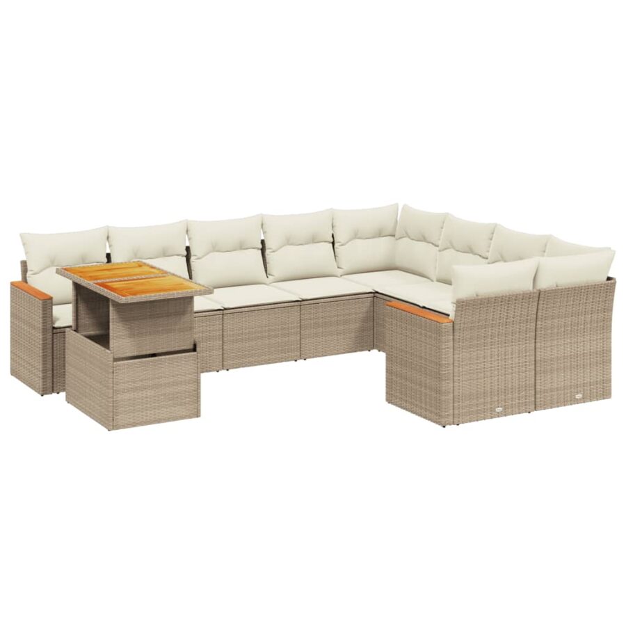 10-delige Loungeset met kussens poly rattan beige - Afbeelding 2