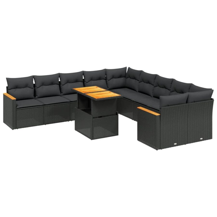 11-delige Loungeset met kussens poly rattan zwart - Afbeelding 2