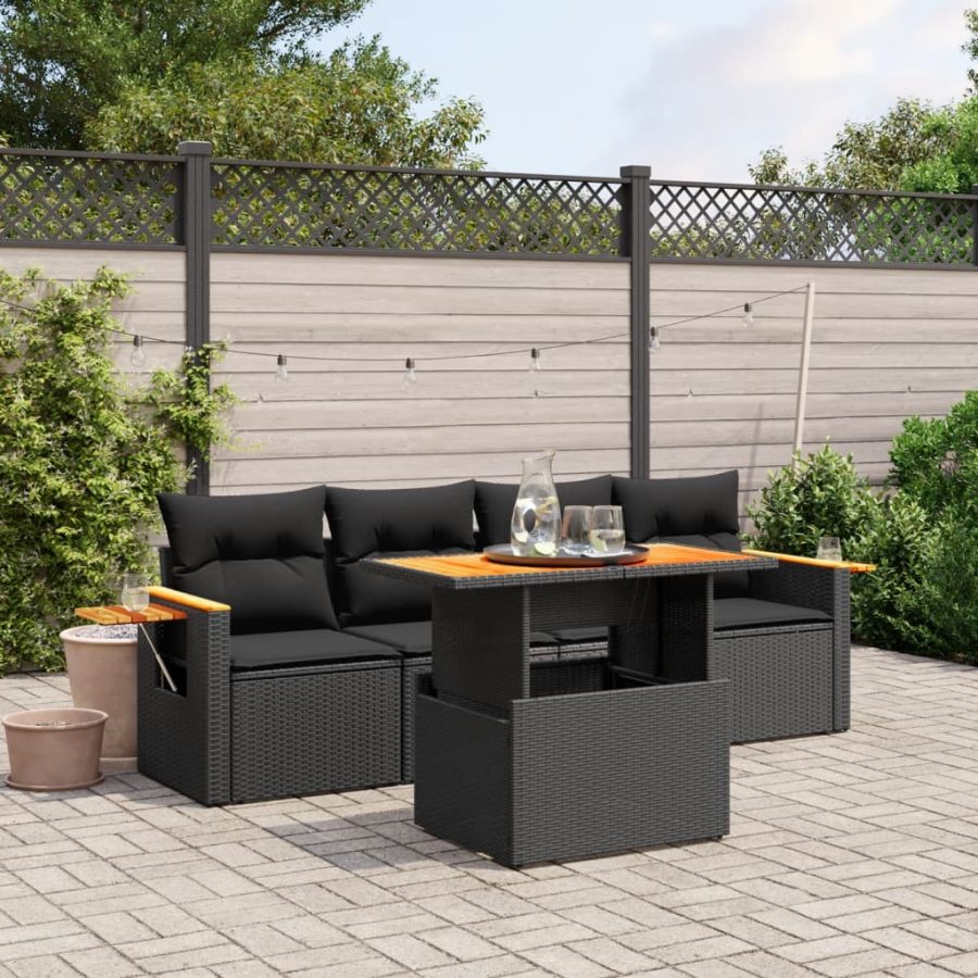 5-delige Loungeset met kussens poly rattan zwart