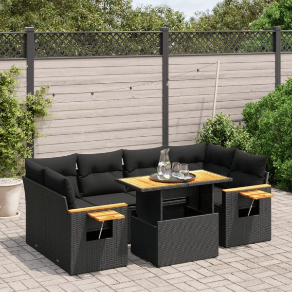 7-delige Loungeset met kussens poly rattan zwart