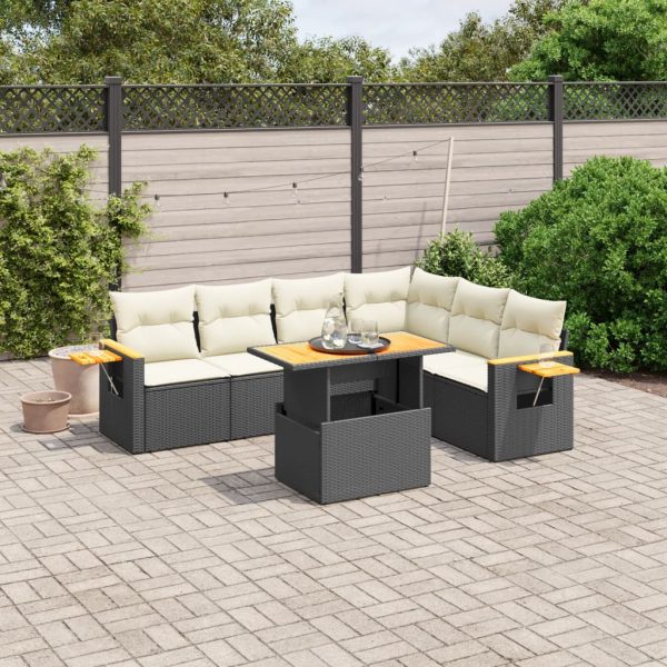 7-delige Loungeset met kussens poly rattan zwart
