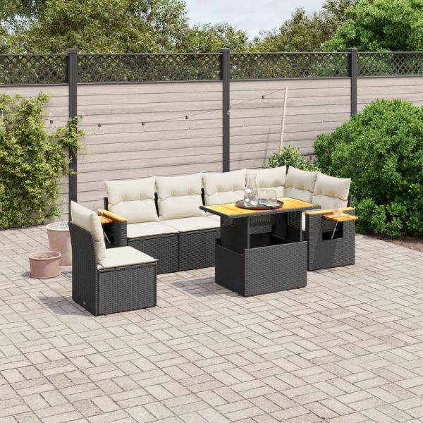 7-delige Loungeset met kussens poly rattan zwart