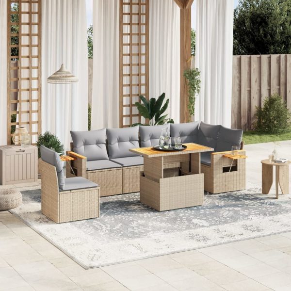 7-delige Loungeset met kussens poly rattan beige