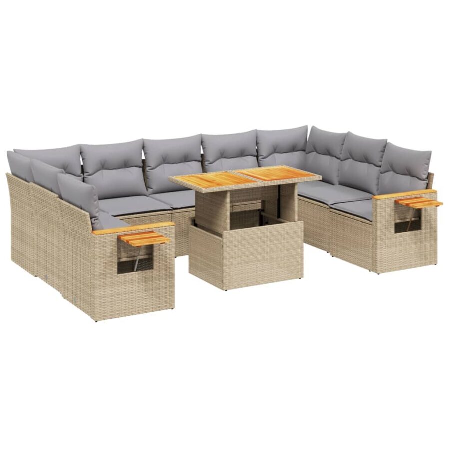 10-delige Loungeset met kussens poly rattan beige - Afbeelding 2
