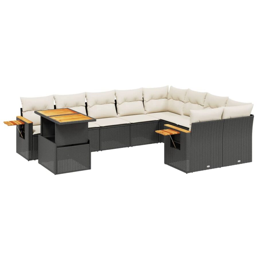 10-delige Loungeset met kussens poly rattan zwart - Afbeelding 2