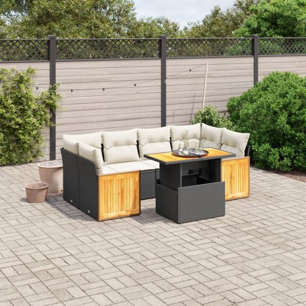 7-delige Loungeset met kussens poly rattan zwart