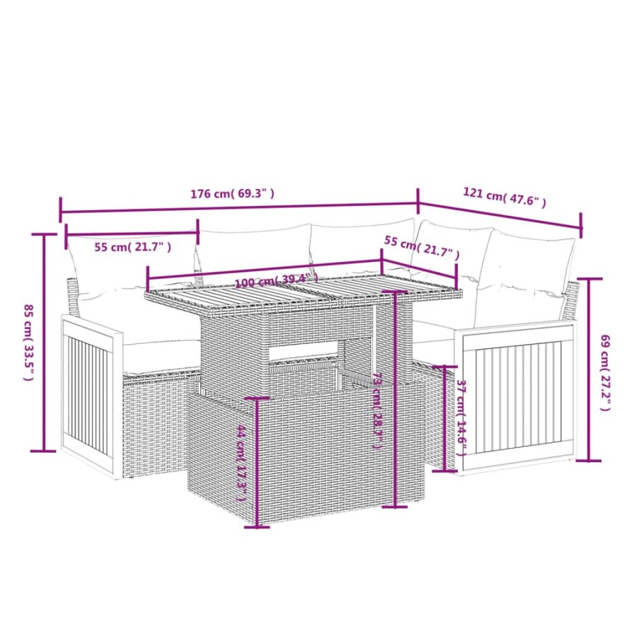 5-delige Loungeset met kussens poly rattan zwart - Afbeelding 3