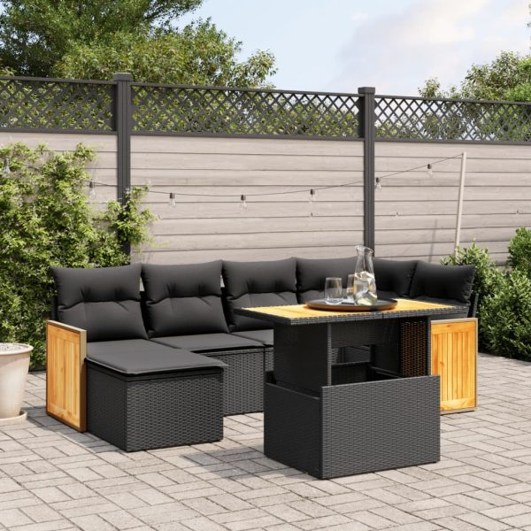 7-delige Loungeset met kussens poly rattan zwart