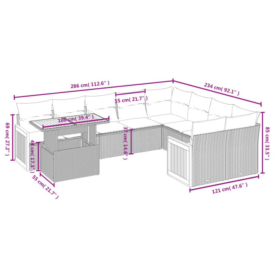 10-delige Loungeset met kussens poly rattan zwart - Afbeelding 3