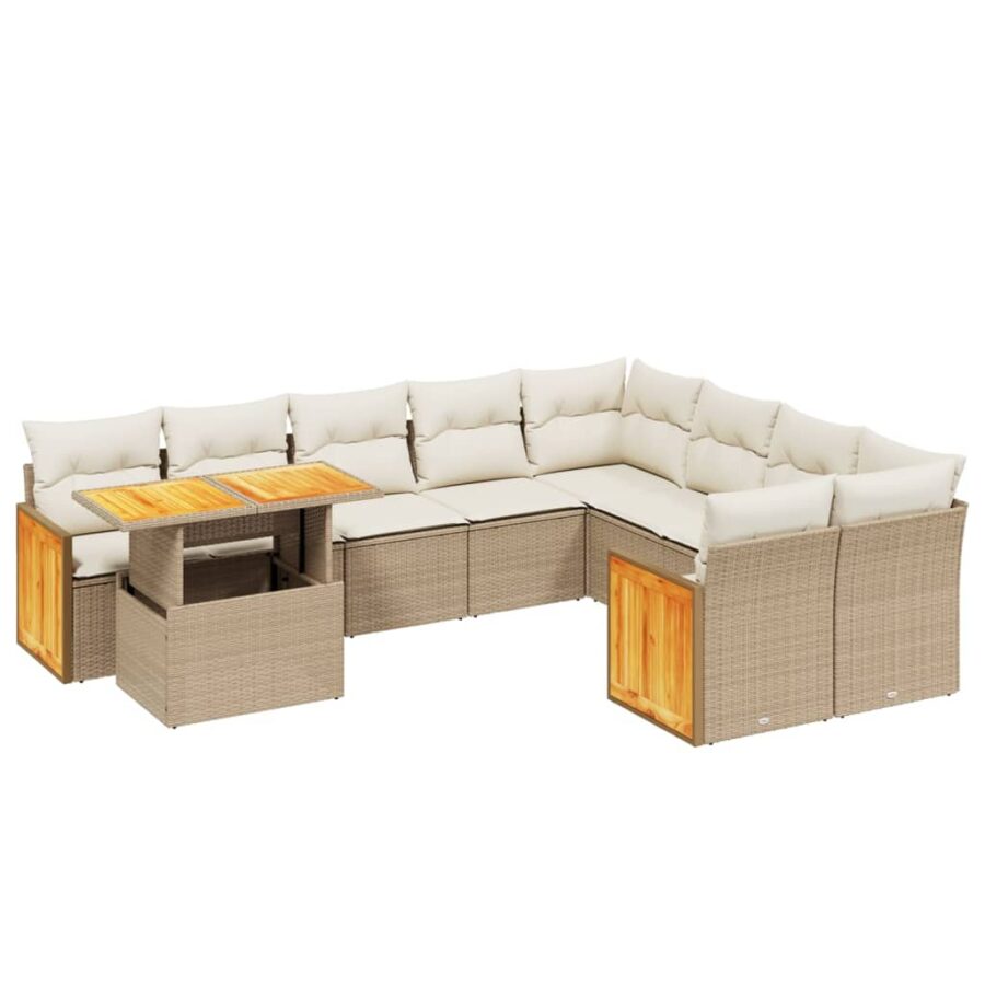 10-delige Loungeset met kussens poly rattan beige - Afbeelding 2
