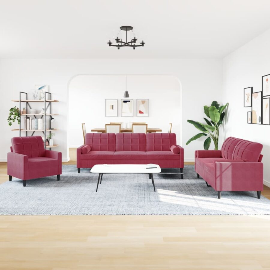 3-delige Loungeset met kussens en bolsters fluweel wijnrood - Afbeelding 3