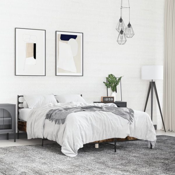 Bedframe bewerkt hout metaal gerookt eikenkleurig 135x190 cm