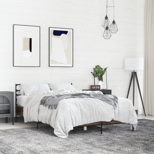 Bedframe bewerkt hout metaal bruin eikenkleur 135x190 cm