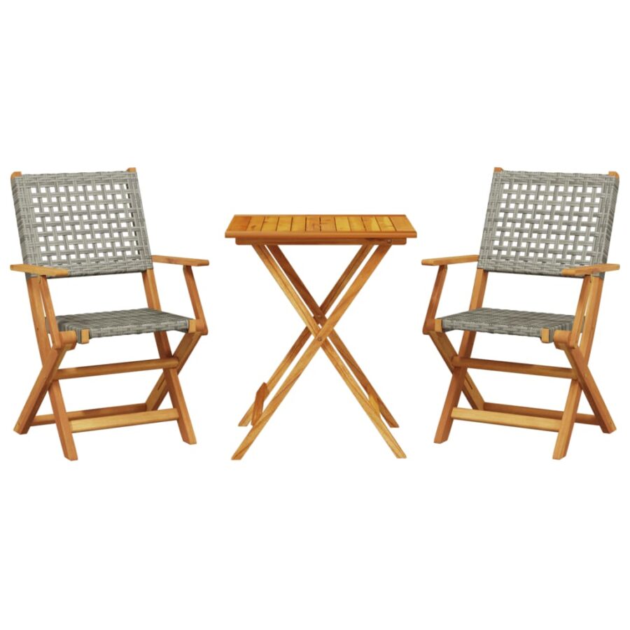 3-delige Bistroset poly rattan en massief hout grijs - Afbeelding 2