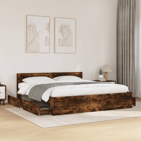 Bedframe met hoofdeinde bewerkt hout gerookt eiken 200x200 cm