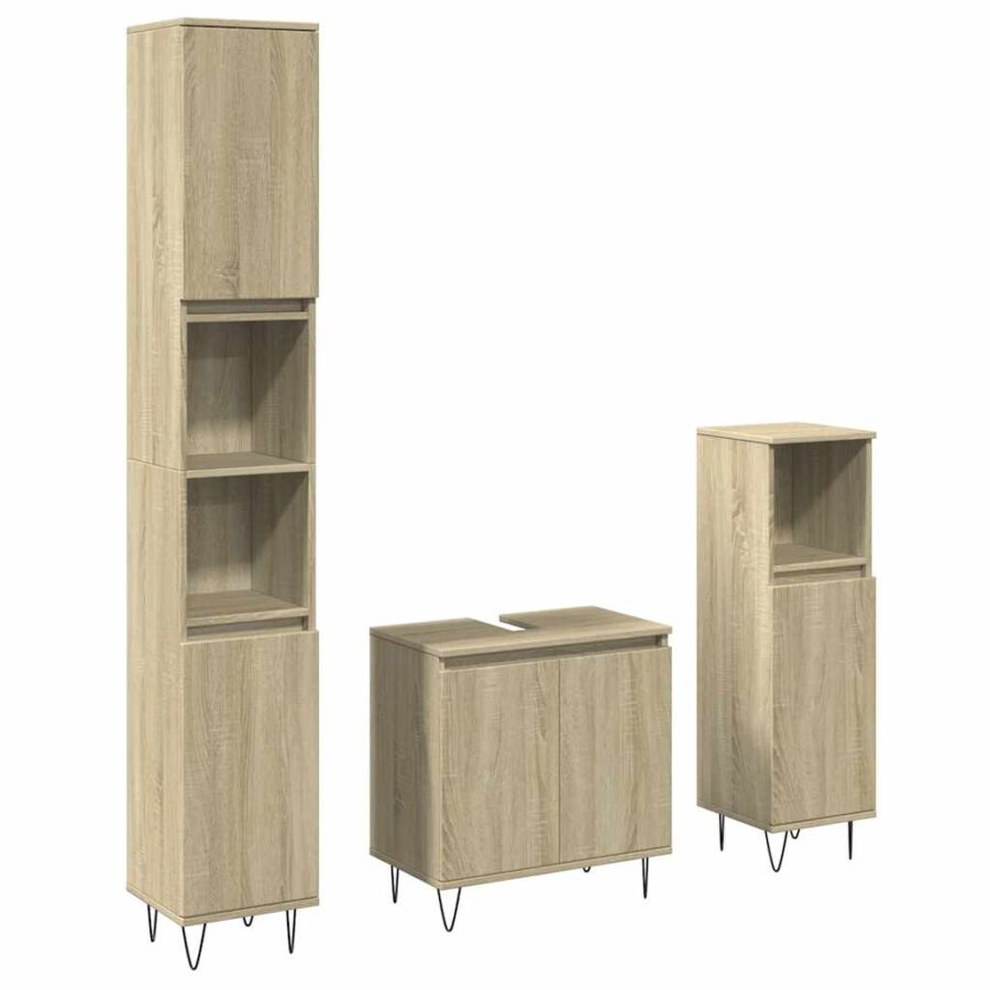 3-delige Badkamermeubelset bewerkt hout sonoma eikenkleurig - Afbeelding 2