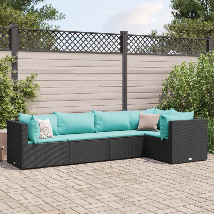 5-delige Loungeset met kussens poly rattan zwart
