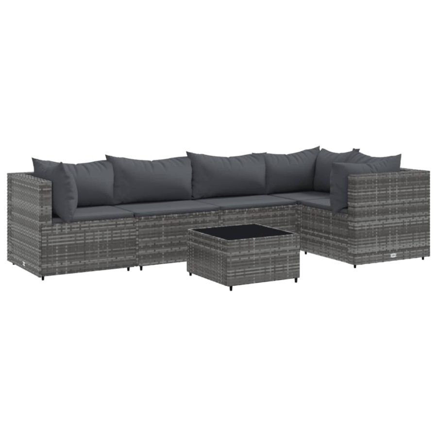 6-delige Loungeset met kussens poly rattan grijs - Afbeelding 2